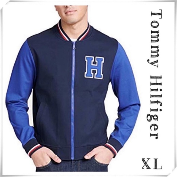 TOMMY Hilfiger Retro Varsity H Logo Baseball Track Jersey Bomber Jacket Blue XL - Picture 1 of 11